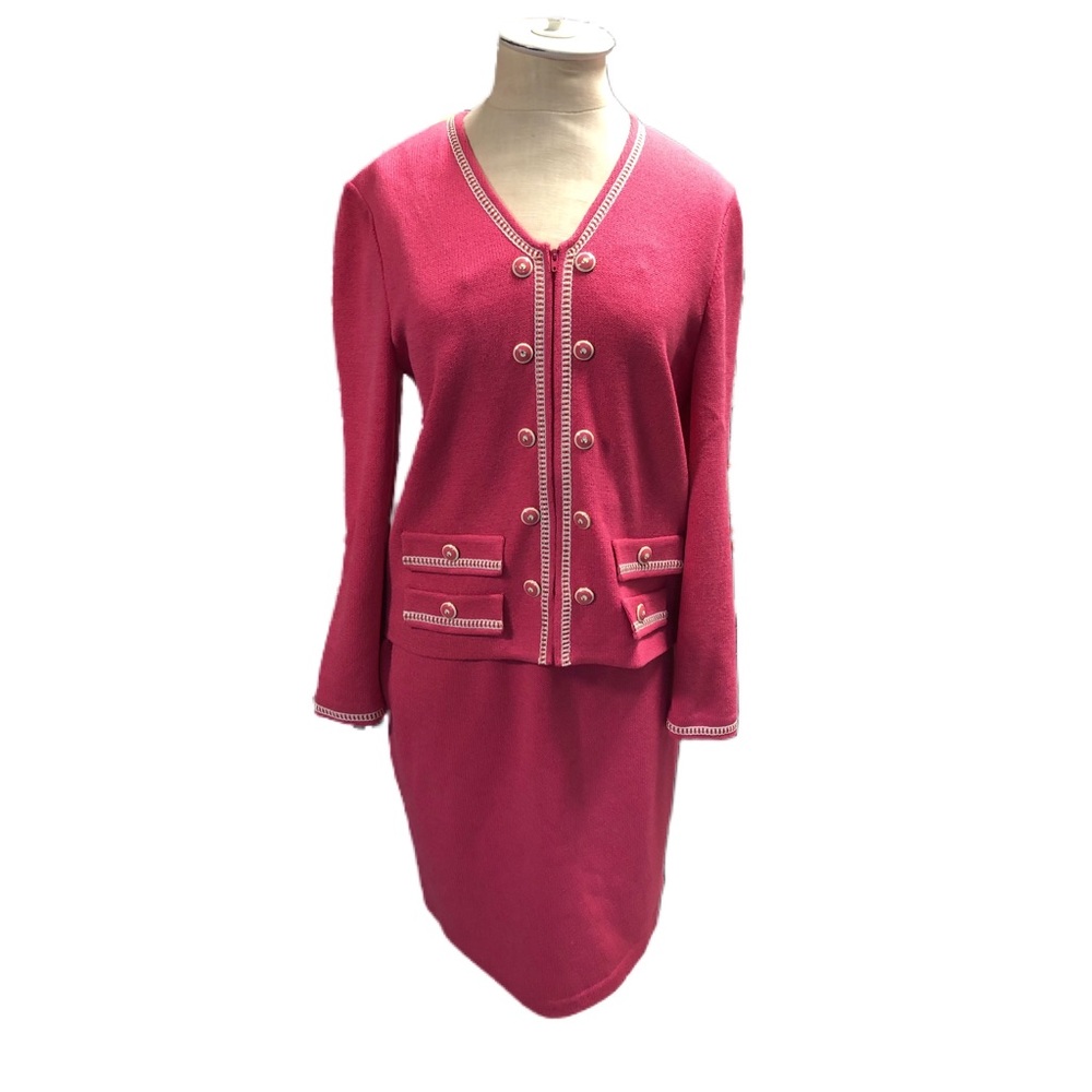 StJohn Collection Marie Gray Pink Knit Skirt Suit